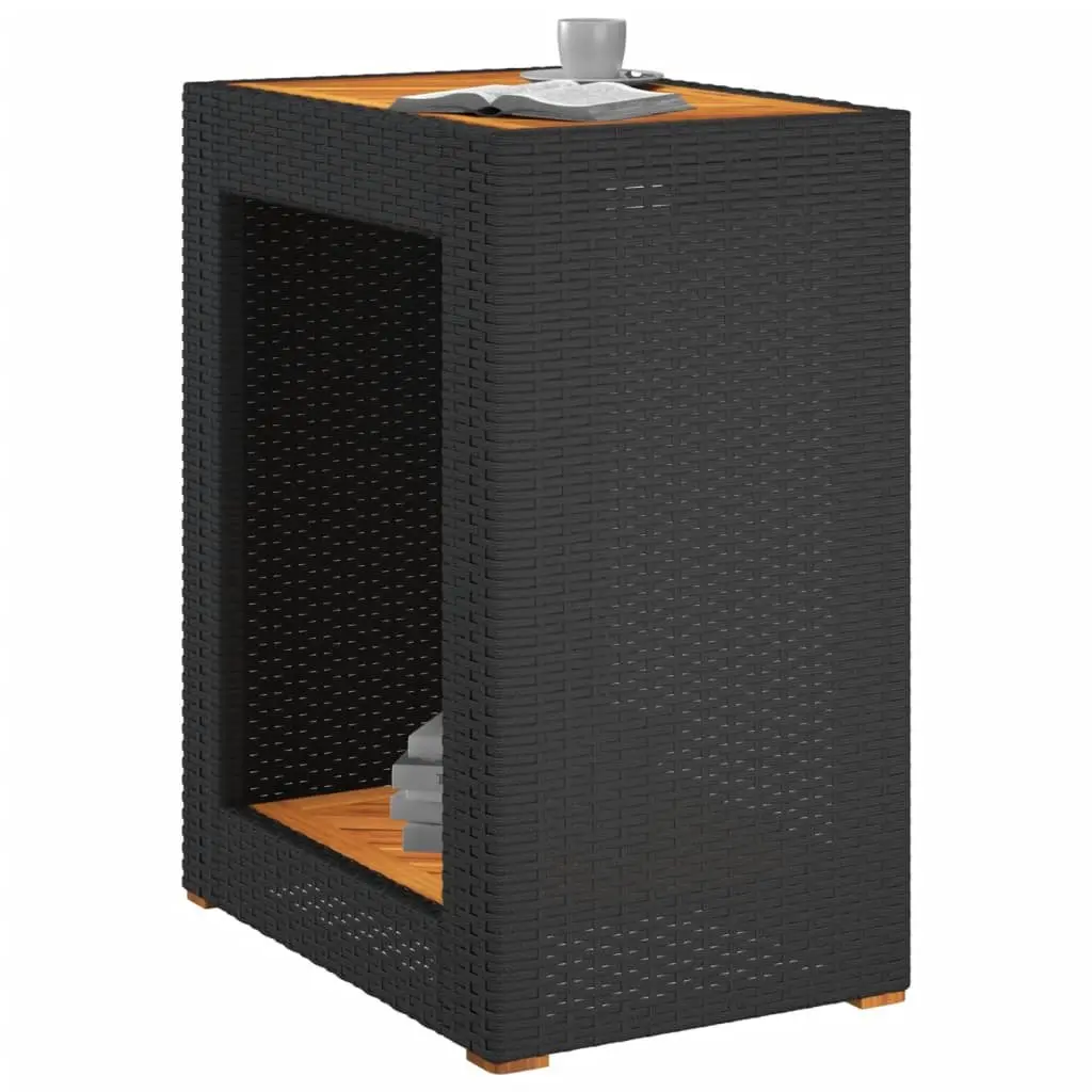 Garden Side Table Poly Rattan Frame Wooden Top Outdoor Patio Furniture Black