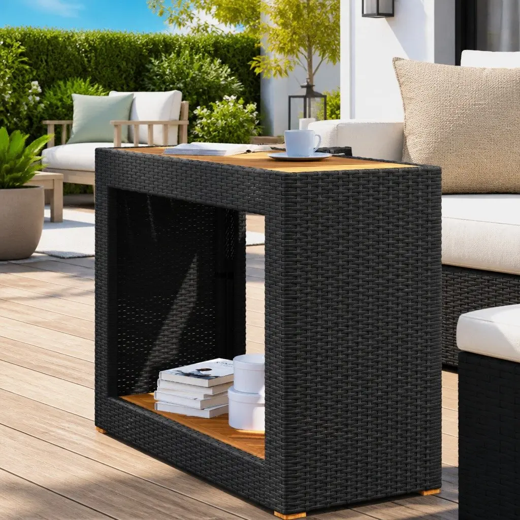 Garden Side Table Poly Rattan Black Outdoor Patio Coffee Table with Wooden Top
