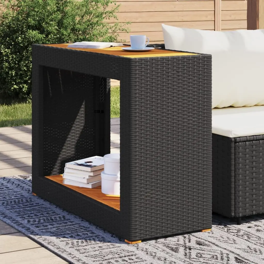 Garden Side Table Poly Rattan Black Outdoor Patio Coffee Table with Wooden Top