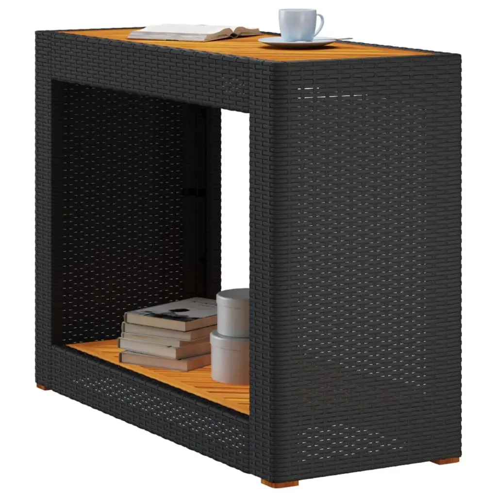 Garden Side Table Poly Rattan Black Outdoor Patio Coffee Table with Wooden Top
