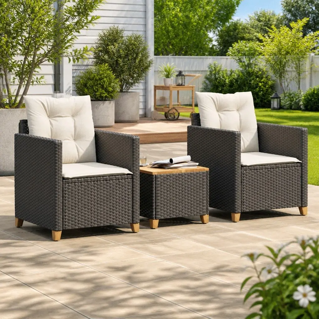 Bistro Set Outdoor Garden Furniture 3 Piece Black Poly Rattan Cushioned Chairs