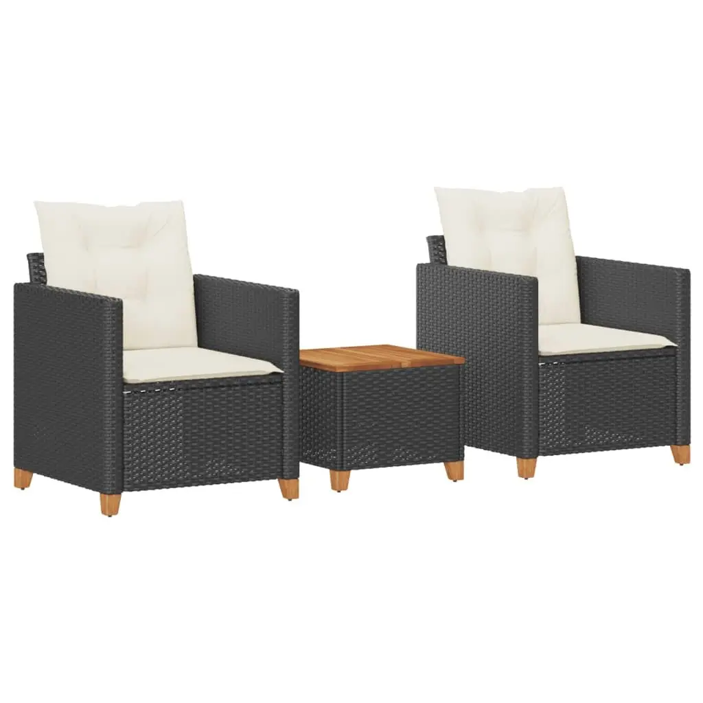Bistro Set Outdoor Garden Furniture 3 Piece Black Poly Rattan Cushioned Chairs