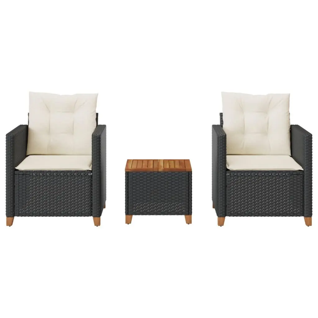 Bistro Set Outdoor Garden Furniture 3 Piece Black Poly Rattan Cushioned Chairs