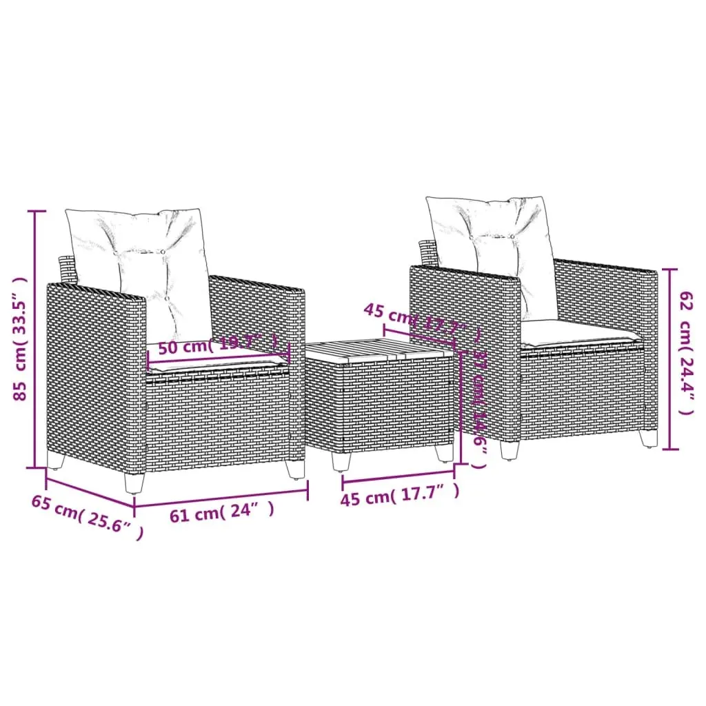 Bistro Set Outdoor Garden Furniture 3 Piece Black Poly Rattan Cushioned Chairs