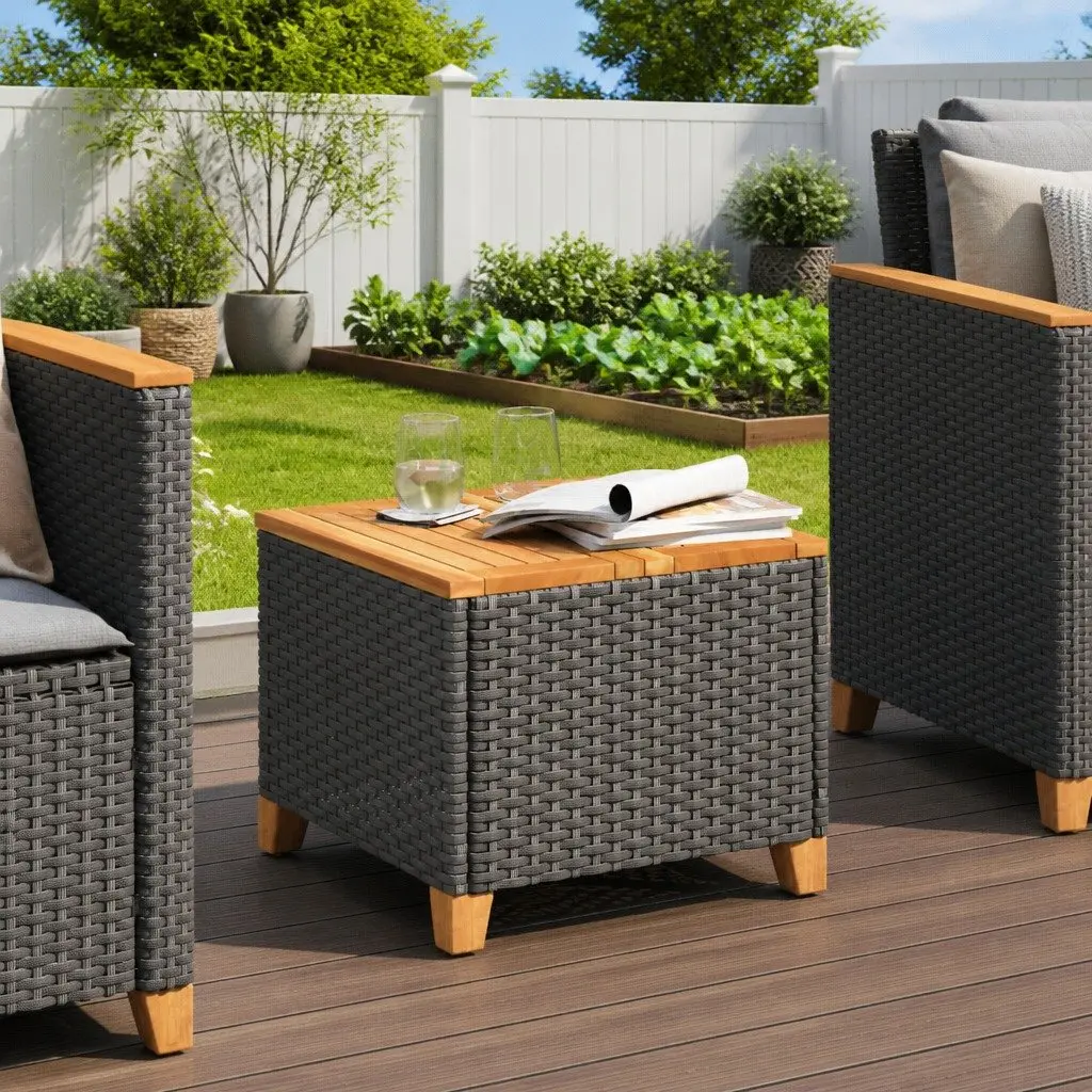 Garden Table Outdoor Patio 45x45x37cm PE Rattan Acacia Wood Top