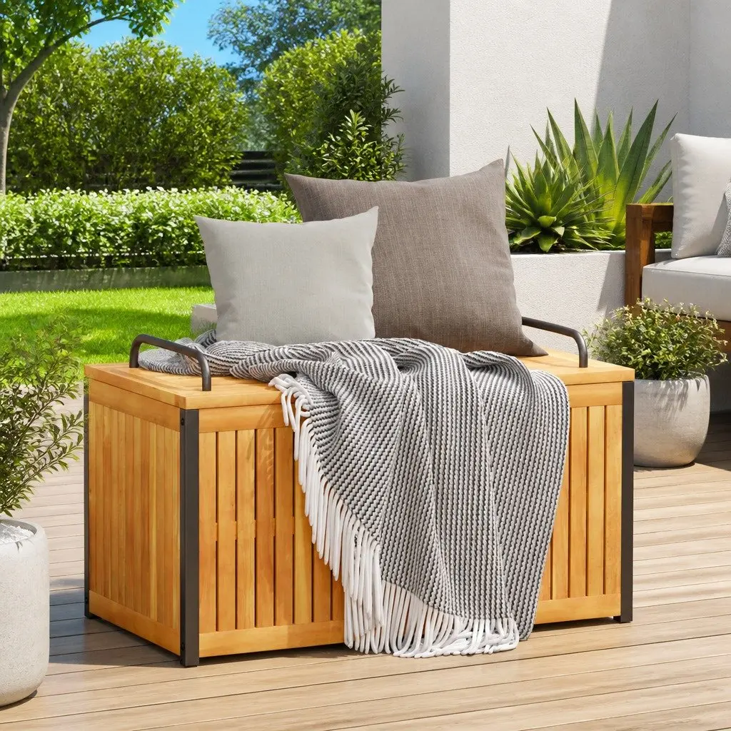 Outdoor Cushion Box 85x45x45/53 cm Garden Storage Bench Acacia Wood Steel Handle