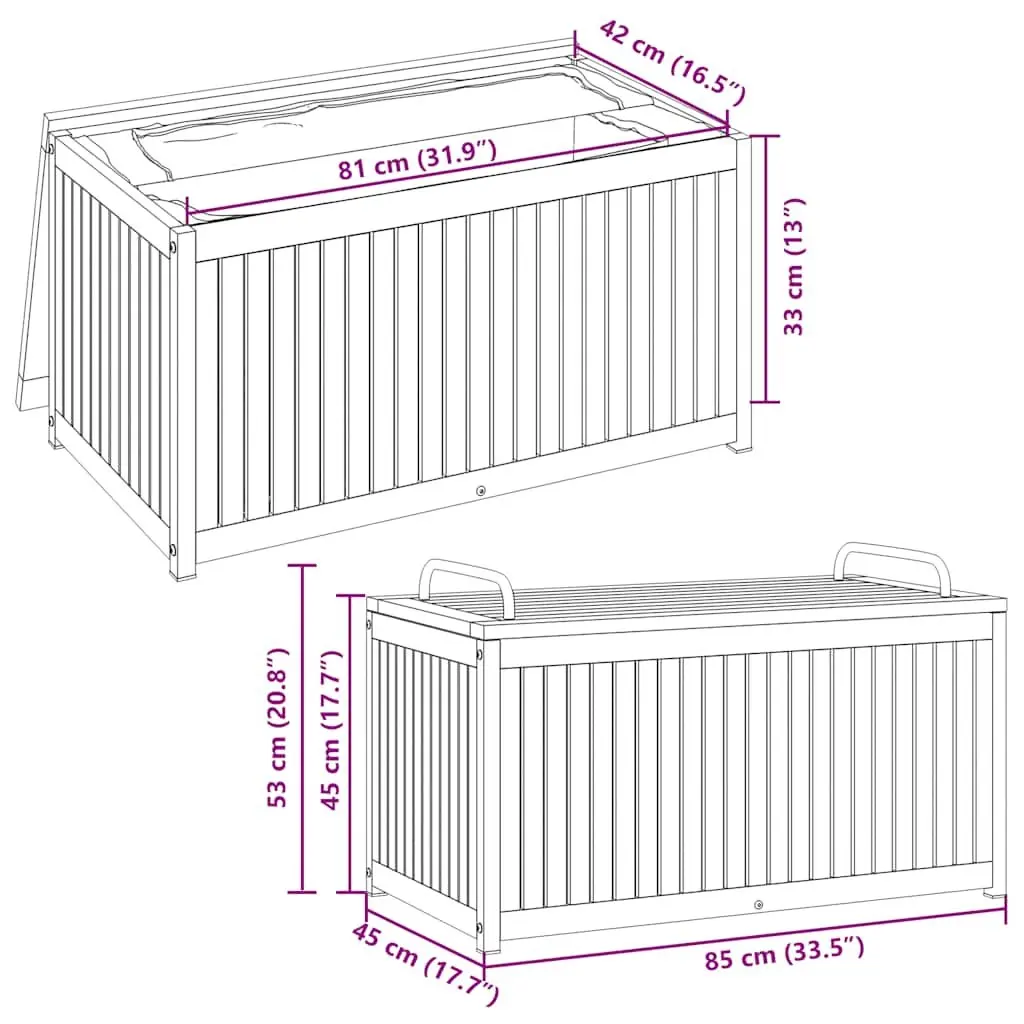 Outdoor Cushion Box 85x45x45/53 cm Garden Storage Bench Acacia Wood Steel Handle