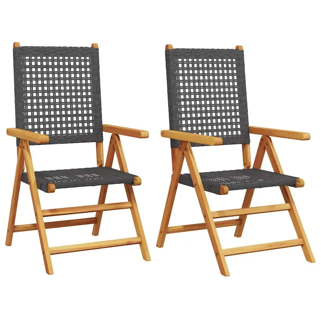 Outdoor Garden Chairs Set of 2 Black Folding Acacia Wood PE Rattan Patio Seating
