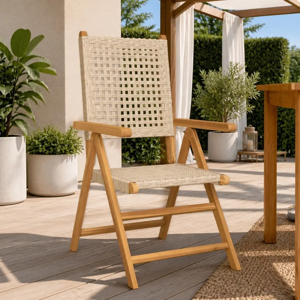 Outdoor Garden Chairs 2 Piece Beige Acacia Wood PE Rattan Reclining Folding
