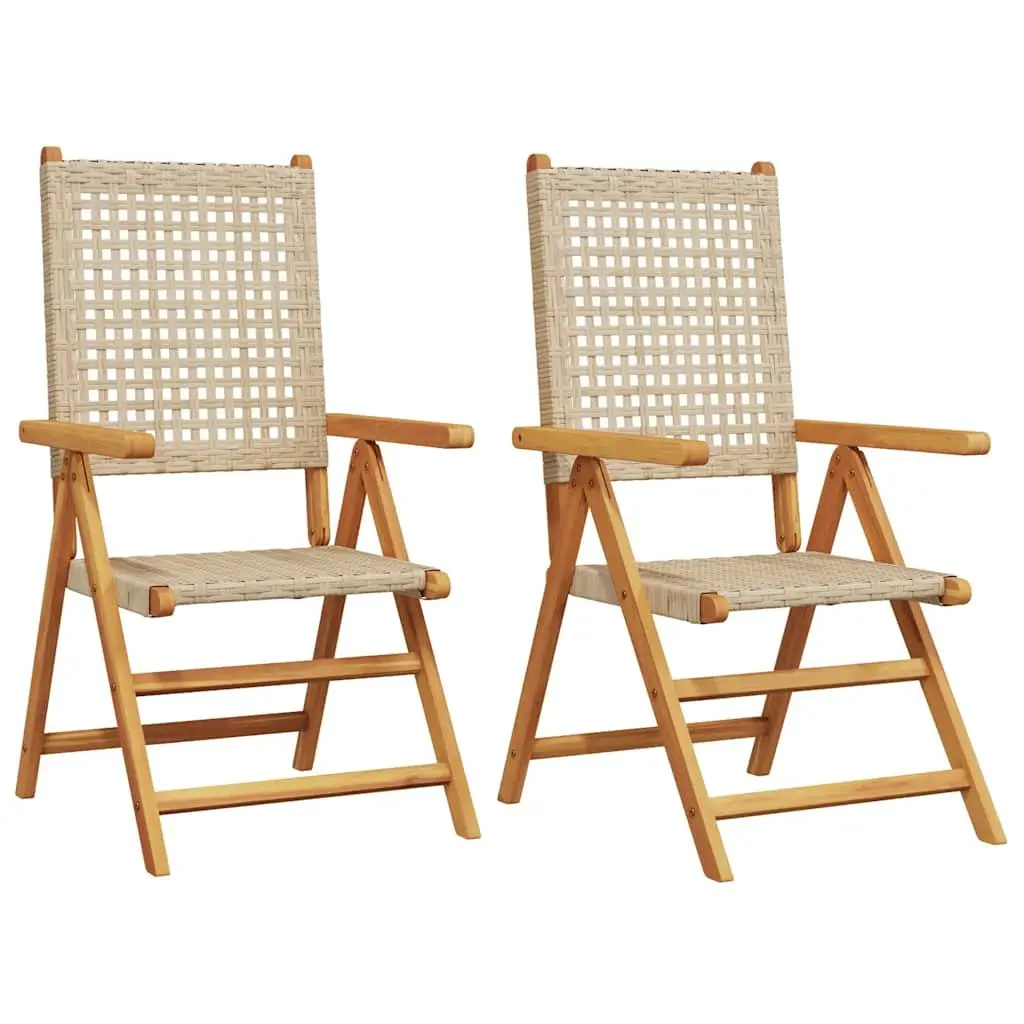 Outdoor Garden Chairs 2 Piece Beige Acacia Wood PE Rattan Reclining Folding