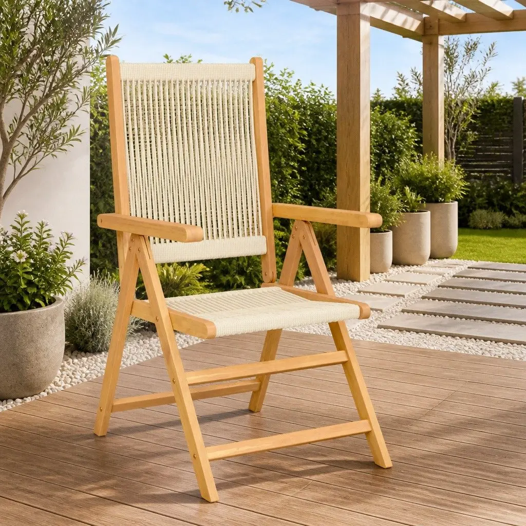Outdoor Garden Chairs 2 Piece Beige Foldable Reclining Acacia Wood Patio Seating