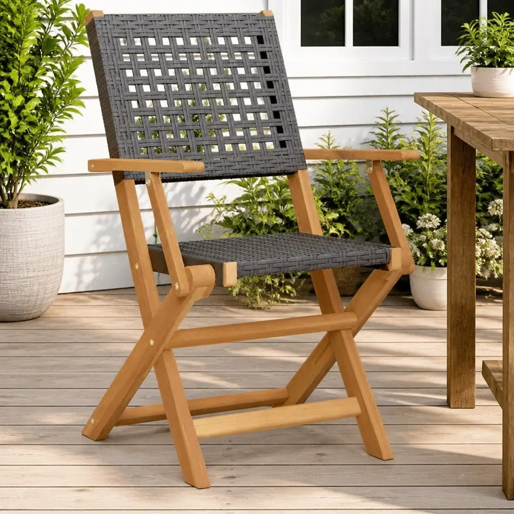 Foldable Chairs Set of 2 Outdoor Black PE Rattan Acacia Wood Garden Seating