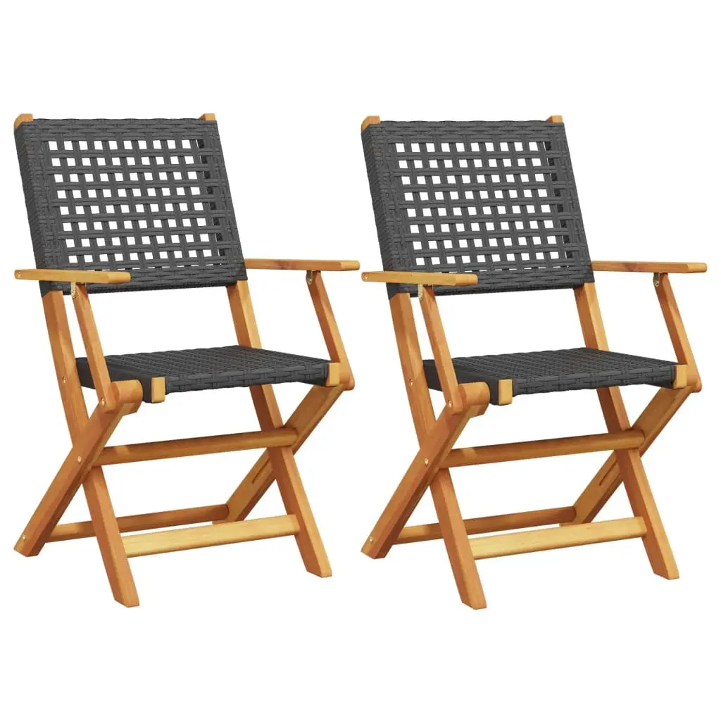 Foldable Chairs Set of 2 Outdoor Black PE Rattan Acacia Wood Garden Seating