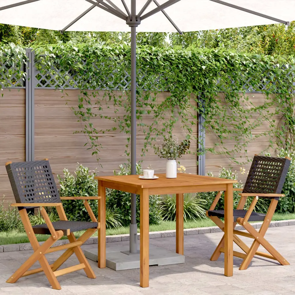 Foldable Chairs Set of 2 Outdoor Black PE Rattan Acacia Wood Garden Seating