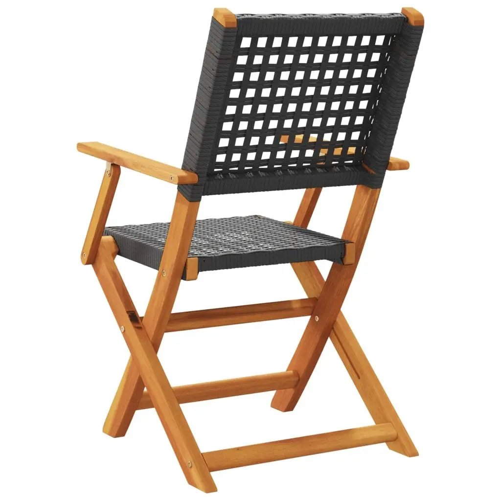 Foldable Chairs Set of 2 Outdoor Black PE Rattan Acacia Wood Garden Seating