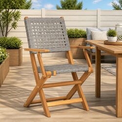 Outdoor Garden Chairs 2 pcs Foldable Grey Acacia Wood Poly Rattan Patio Seating