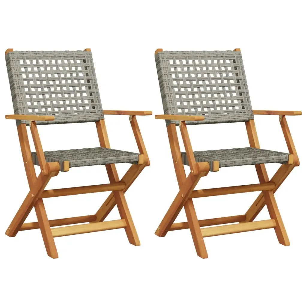 Foldable Outdoor Garden Seating Chairs Grey Acacia Wood Poly Rattan 2 Piece Set