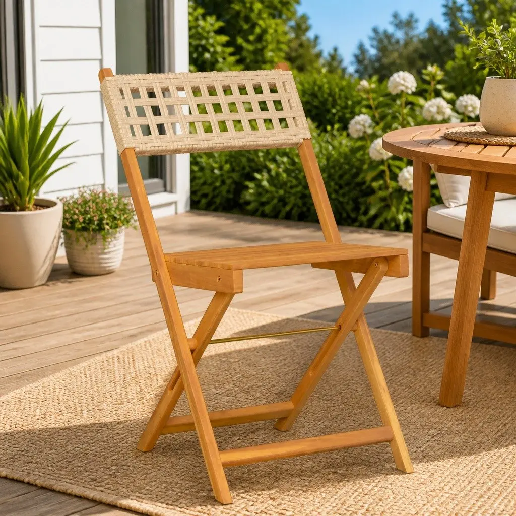 Bistro Chairs Outdoor Garden Patio Folding 2 pcs Beige Solid Wood Acacia Poly Rattan