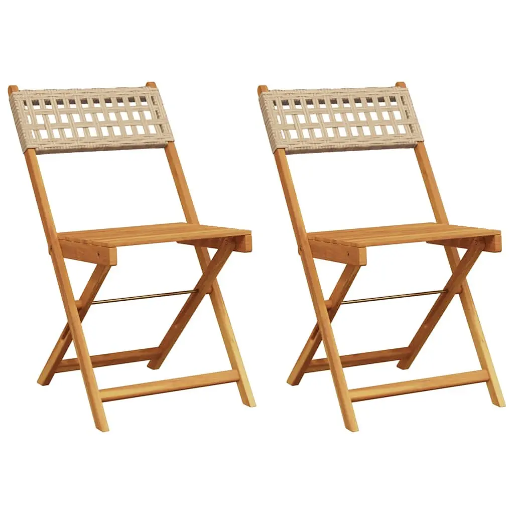 Bistro Chairs Outdoor Garden Patio Folding 2 pcs Beige Solid Wood Acacia Poly Rattan