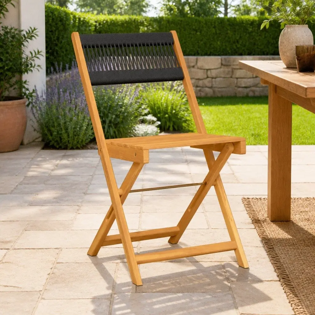 Outdoor Bistro Chairs Garden Patio Black Solid Wood Acacia Rope Backrest Folding 2 Piece