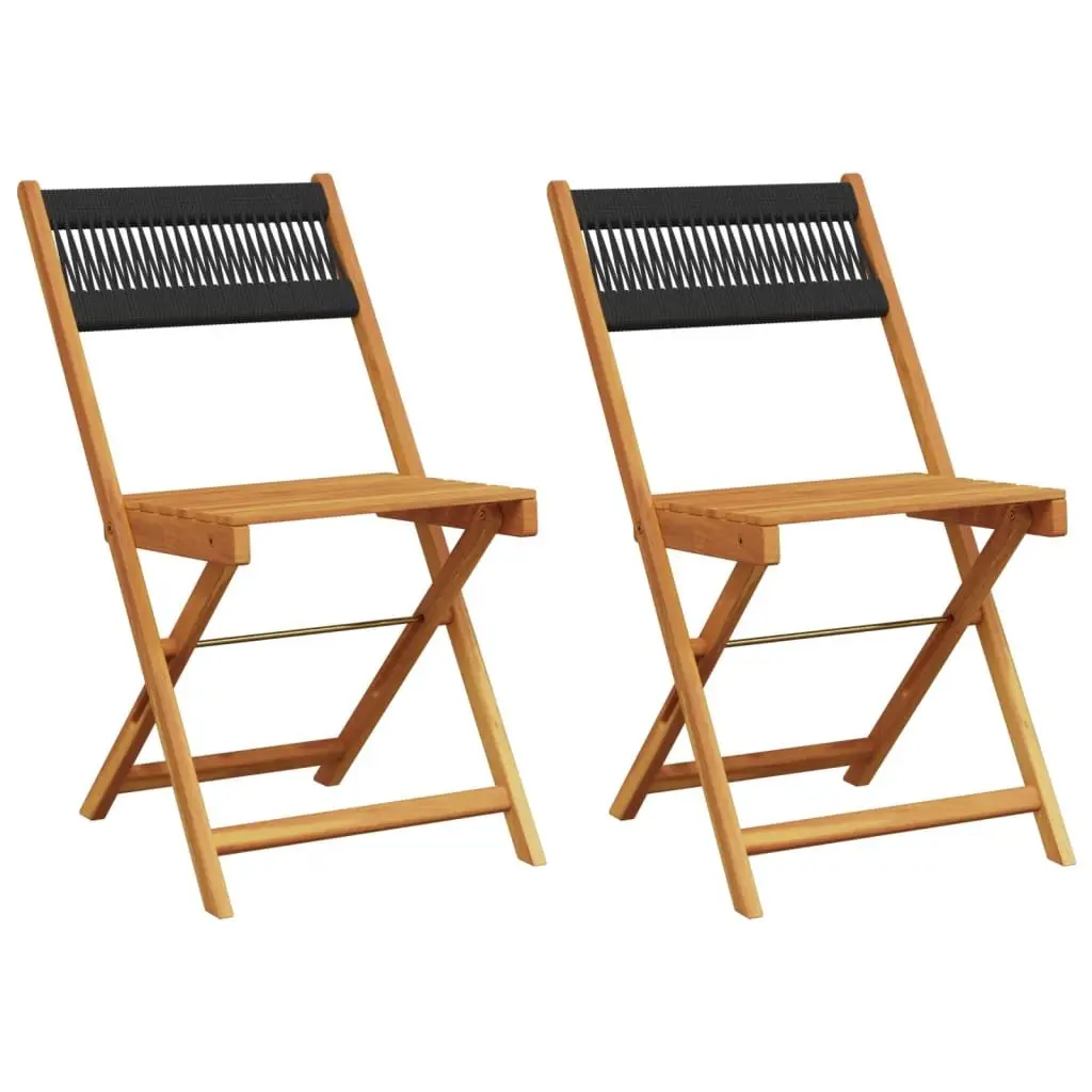 Outdoor Bistro Chairs Garden Patio Black Solid Wood Acacia Rope Backrest Folding 2 Piece