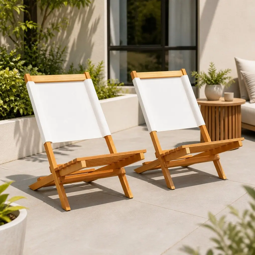 Outdoor Garden Chairs Set 2 Piece Folding Backrest White Acacia Wood Fabric