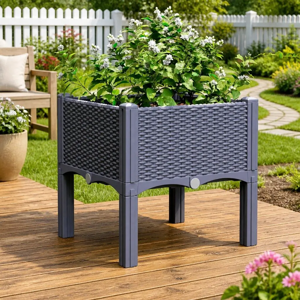Grey Rattan Look Elevated Garden Planter Box