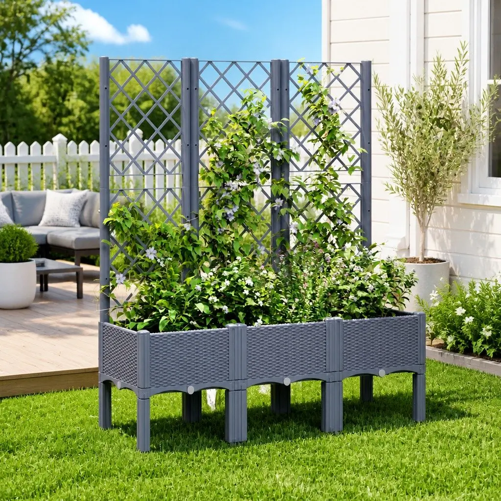 Garden Planter with Trellis Support Grey Outdoor Patio Climbing Plants Flowers