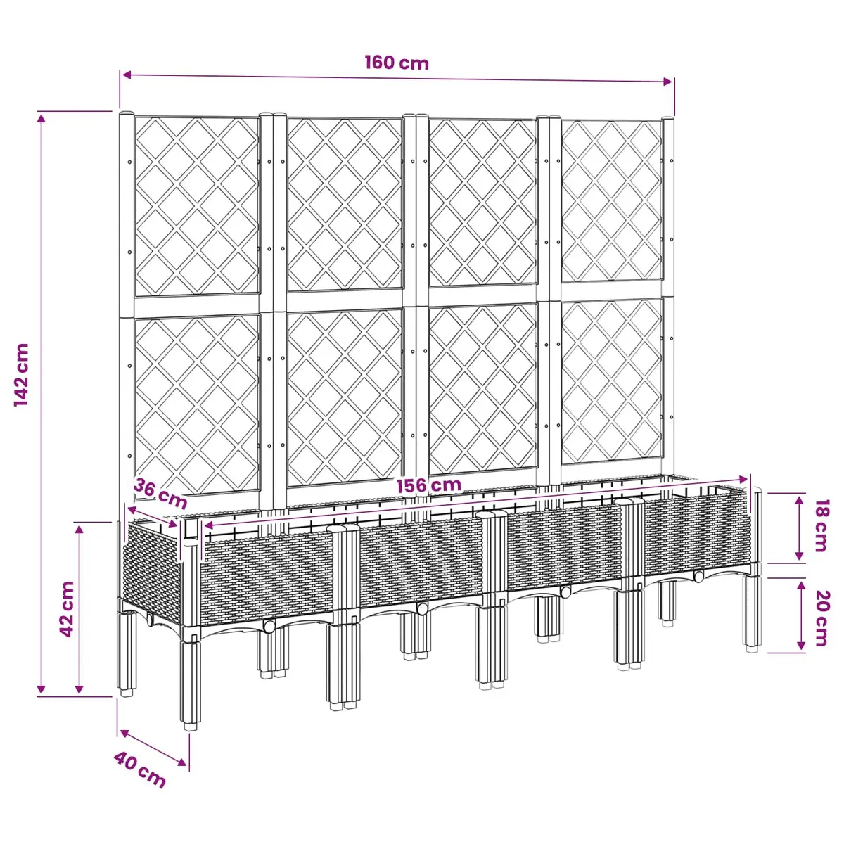 Garden Planter with Trellis Support for Climbing Plants Outdoor Patio 160 x 40 x 142 cm