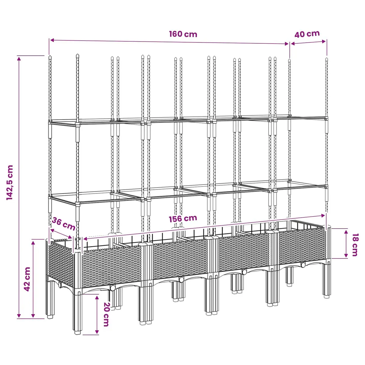 Garden Planter with Trellis for Climbing Plants Outdoor Patio 160 x 40 x 142.5 cm