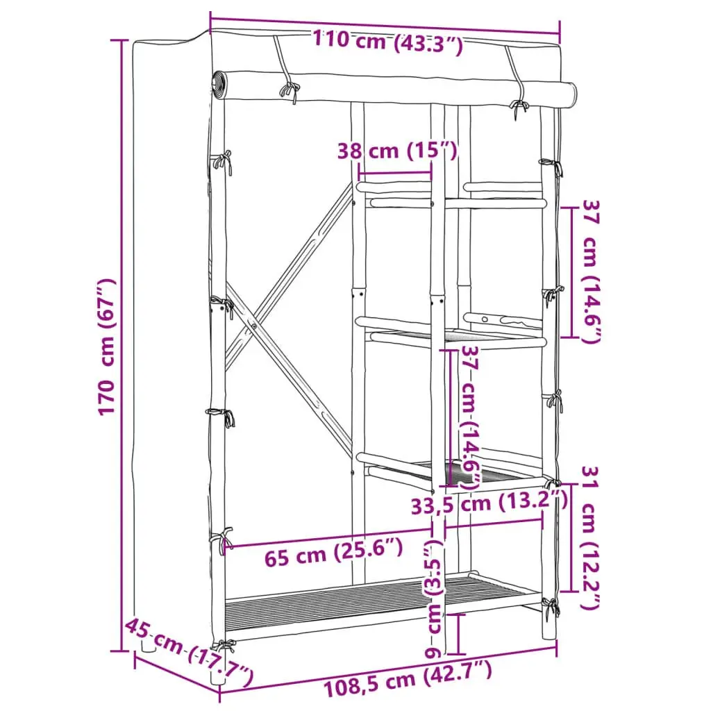 Bamboo Wardrobe Cupboard for Clothes Storage 110x45x170cm