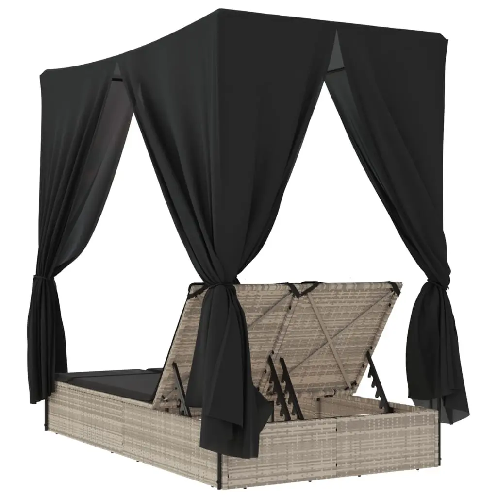 Double Sun Lounger Outdoor Furniture with Adjustable Backrest Roof Curtains Grey