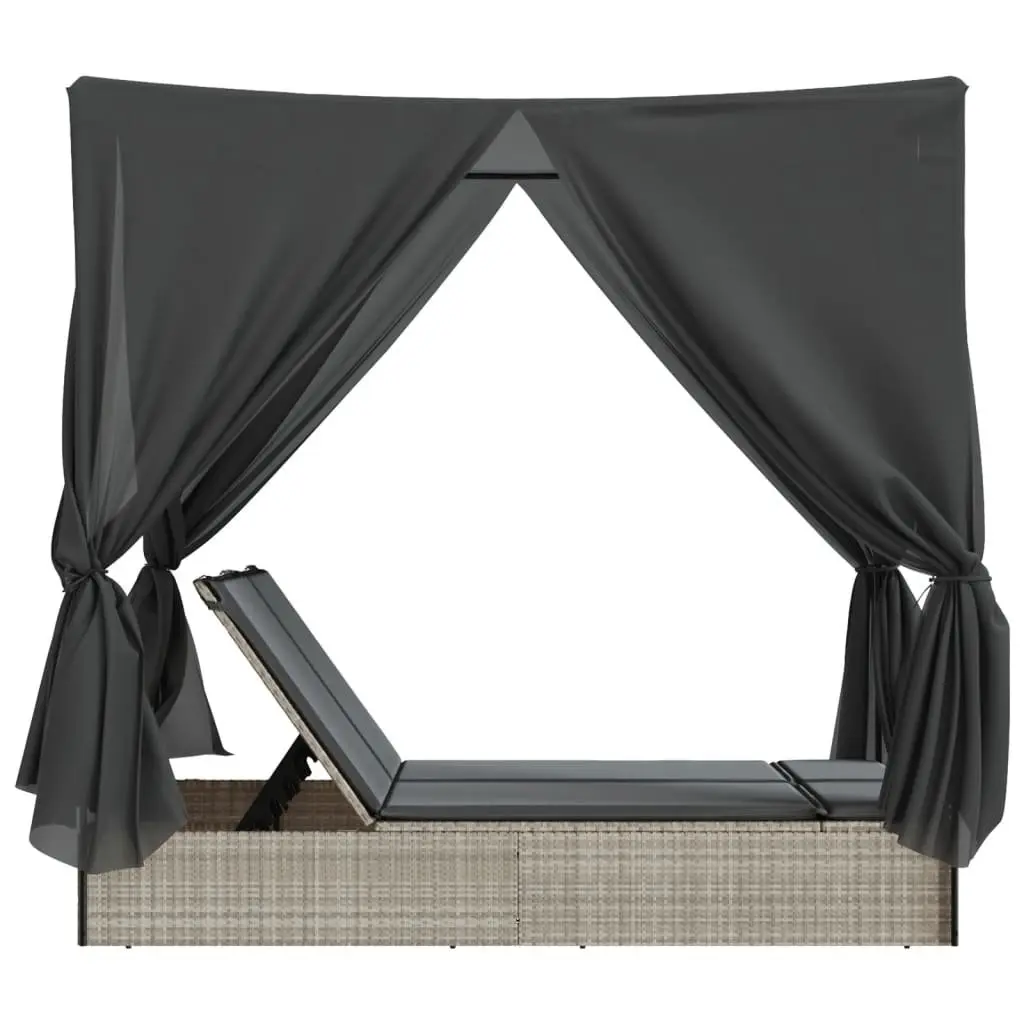 Double Sun Lounger Outdoor Furniture with Adjustable Backrest Roof Curtains Grey