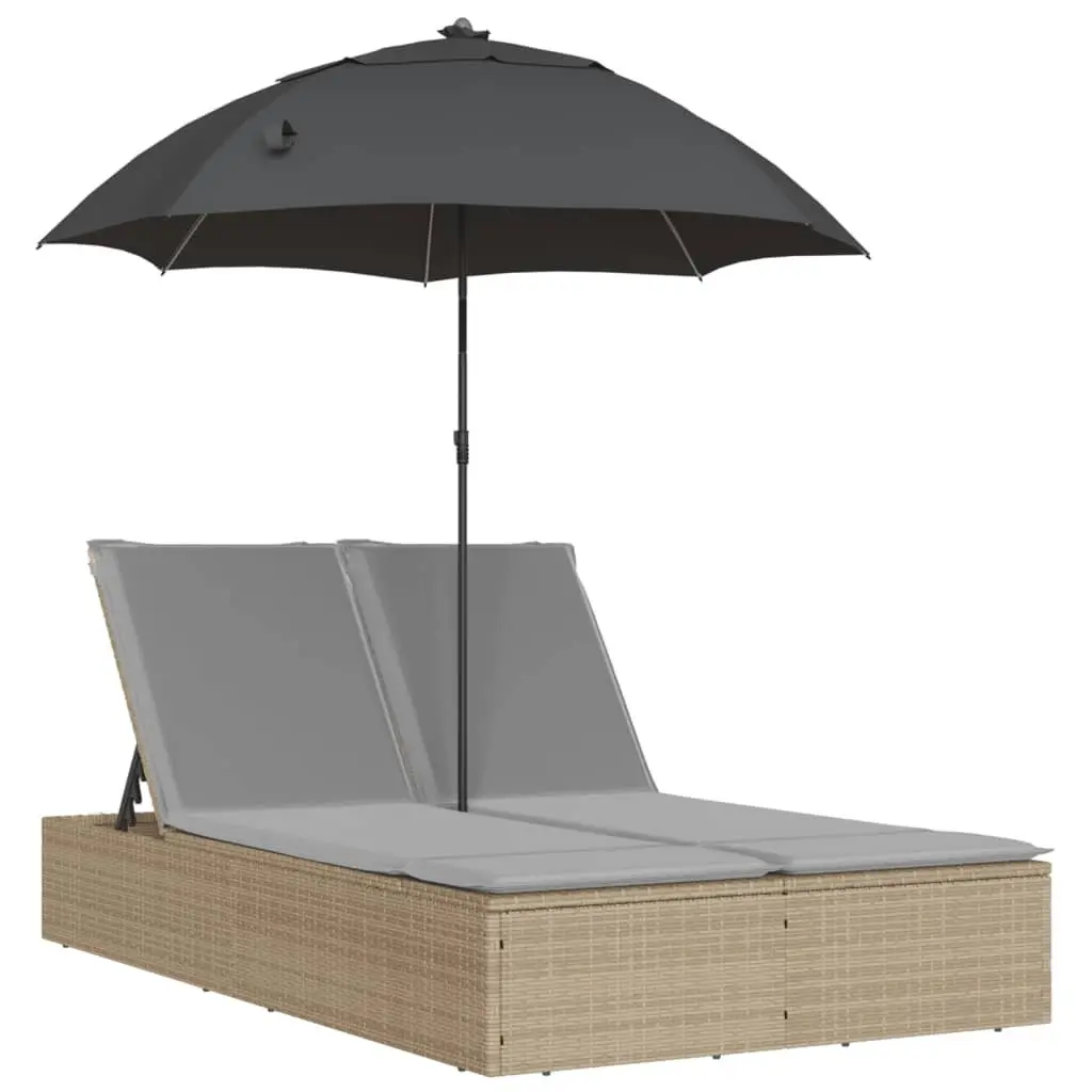 Double Sun Lounger with Parasol Adjustable Backrest Outdoor Seating Beige