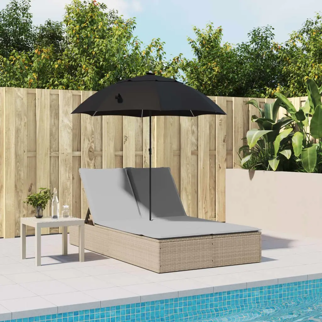 Double Sun Lounger with Parasol Adjustable Backrest Outdoor Seating Beige