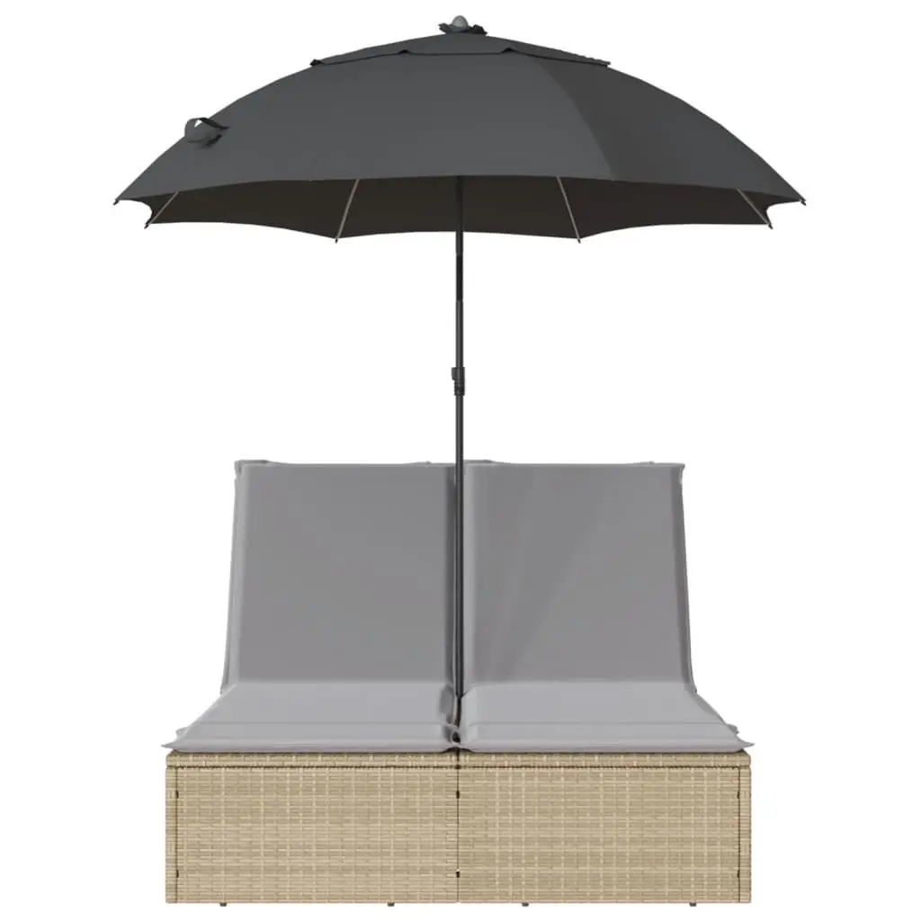 Double Sun Lounger with Parasol Adjustable Backrest Outdoor Seating Beige