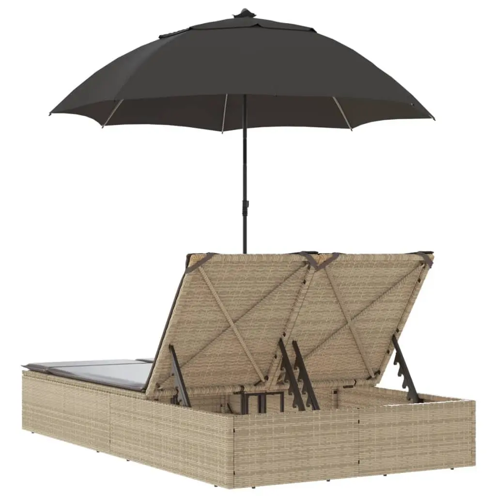 Double Sun Lounger with Parasol Adjustable Backrest Outdoor Seating Beige