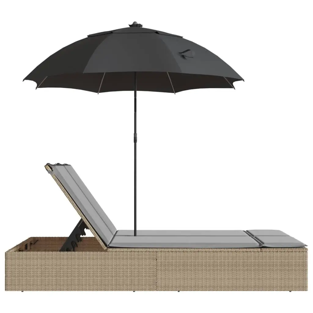 Double Sun Lounger with Parasol Adjustable Backrest Outdoor Seating Beige