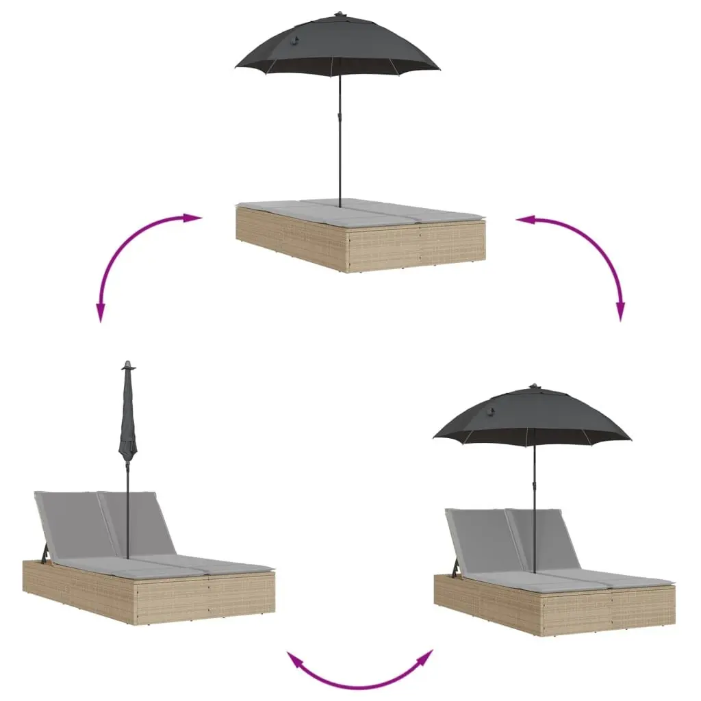 Double Sun Lounger with Parasol Adjustable Backrest Outdoor Seating Beige