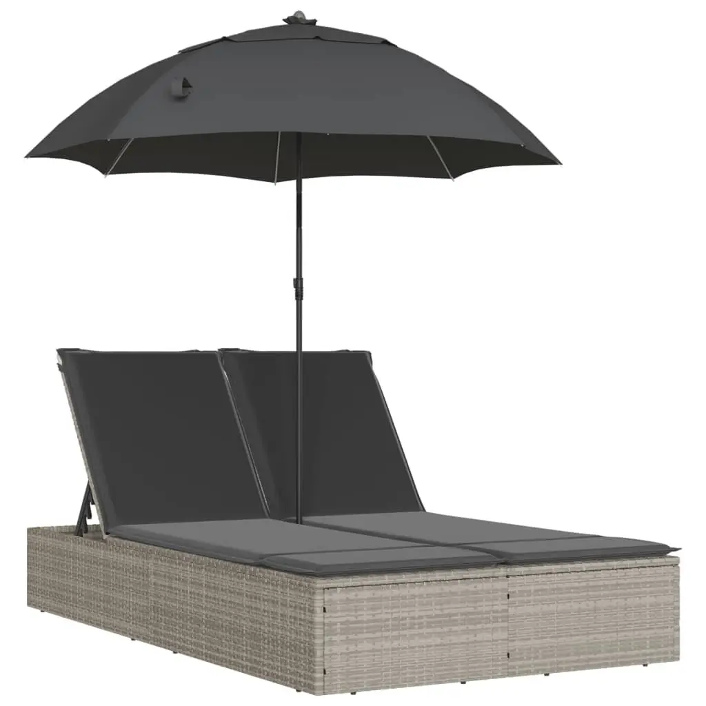 Double Sun Lounger Outdoor Garden Furniture with Cushions Parasol Grey Rattan