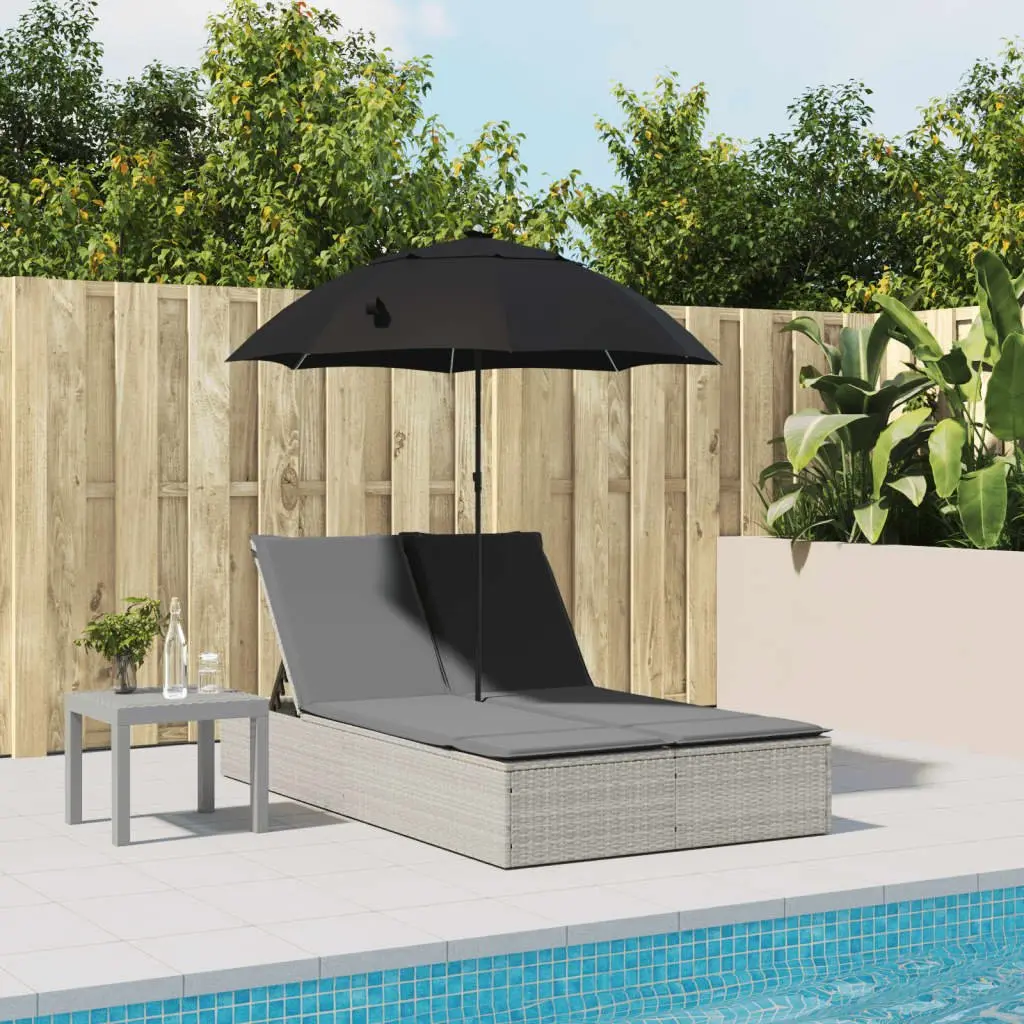 Double Sun Lounger Outdoor Garden Furniture with Cushions Parasol Grey Rattan