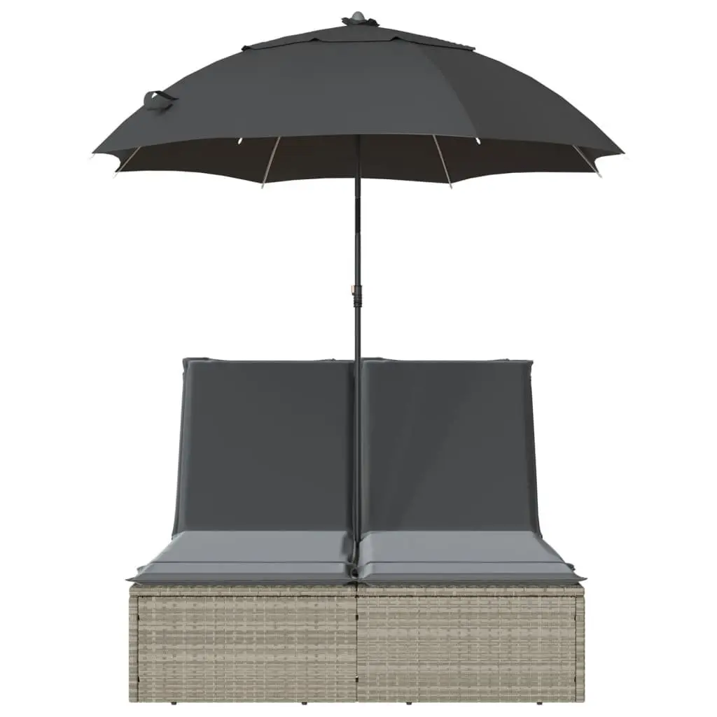 Double Sun Lounger Outdoor Garden Furniture with Cushions Parasol Grey Rattan