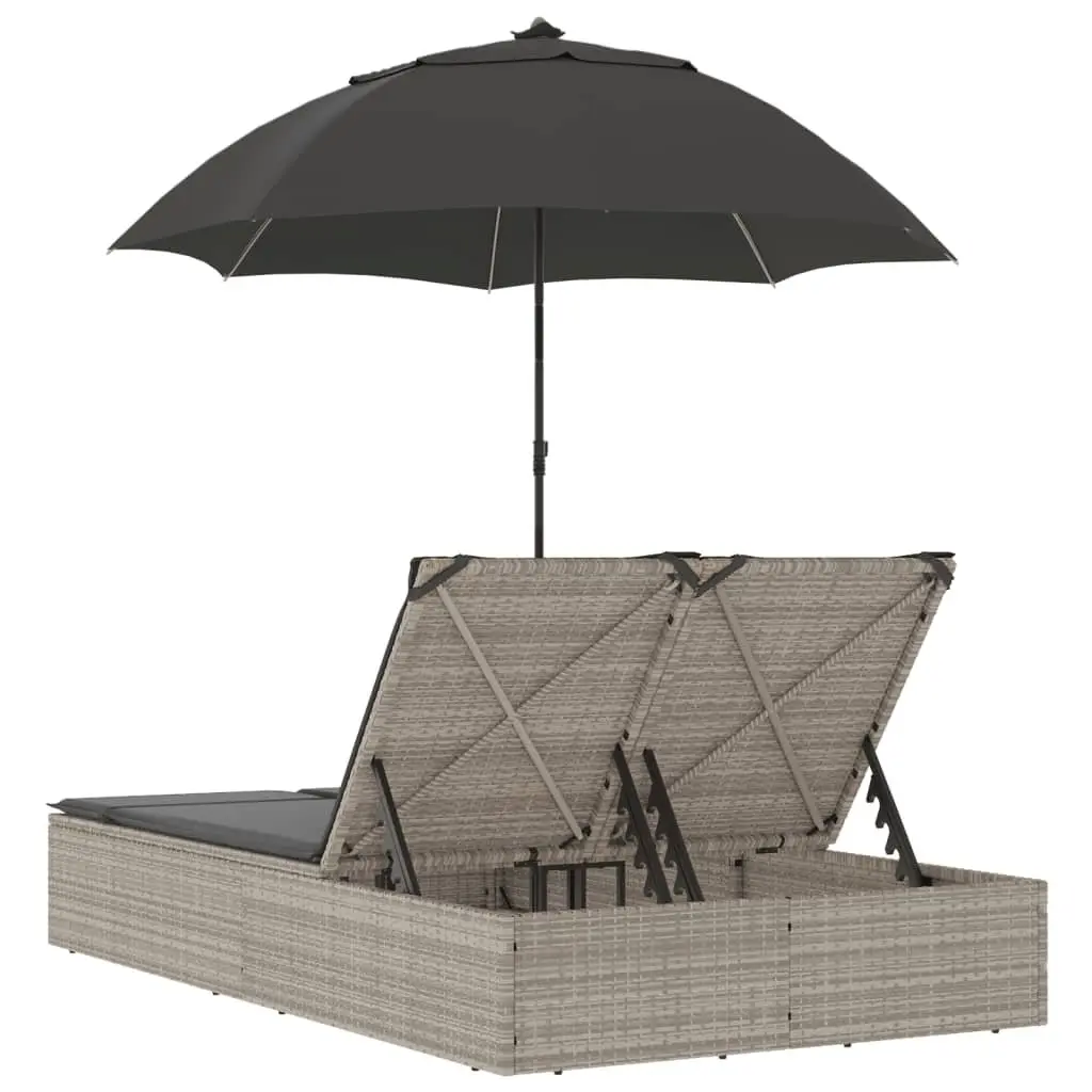 Double Sun Lounger Outdoor Garden Furniture with Cushions Parasol Grey Rattan