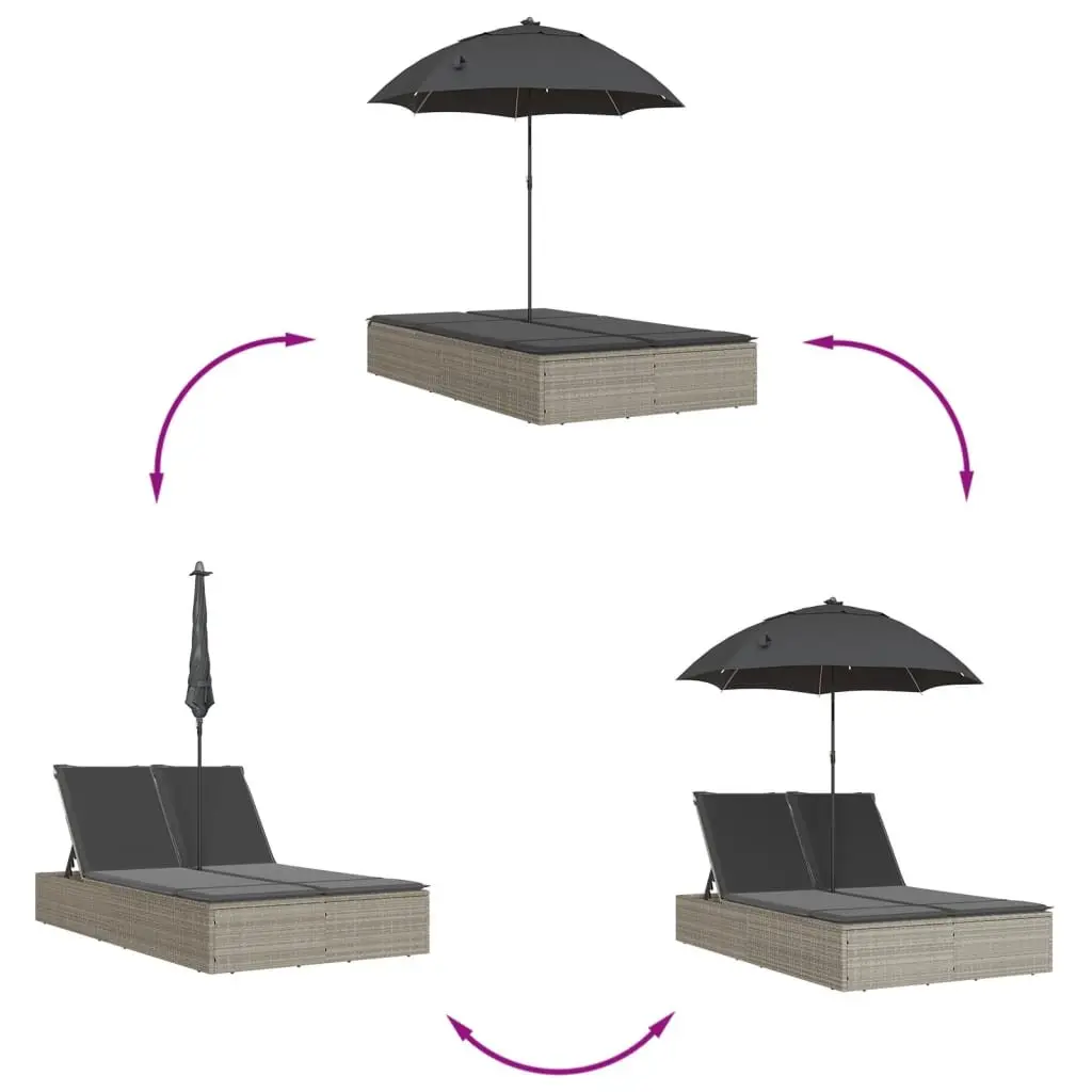 Double Sun Lounger Outdoor Garden Furniture with Cushions Parasol Grey Rattan