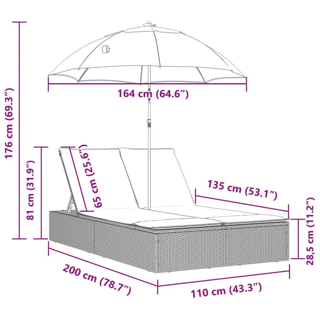 Double Sun Lounger Outdoor Garden Furniture with Cushions Parasol Grey Rattan