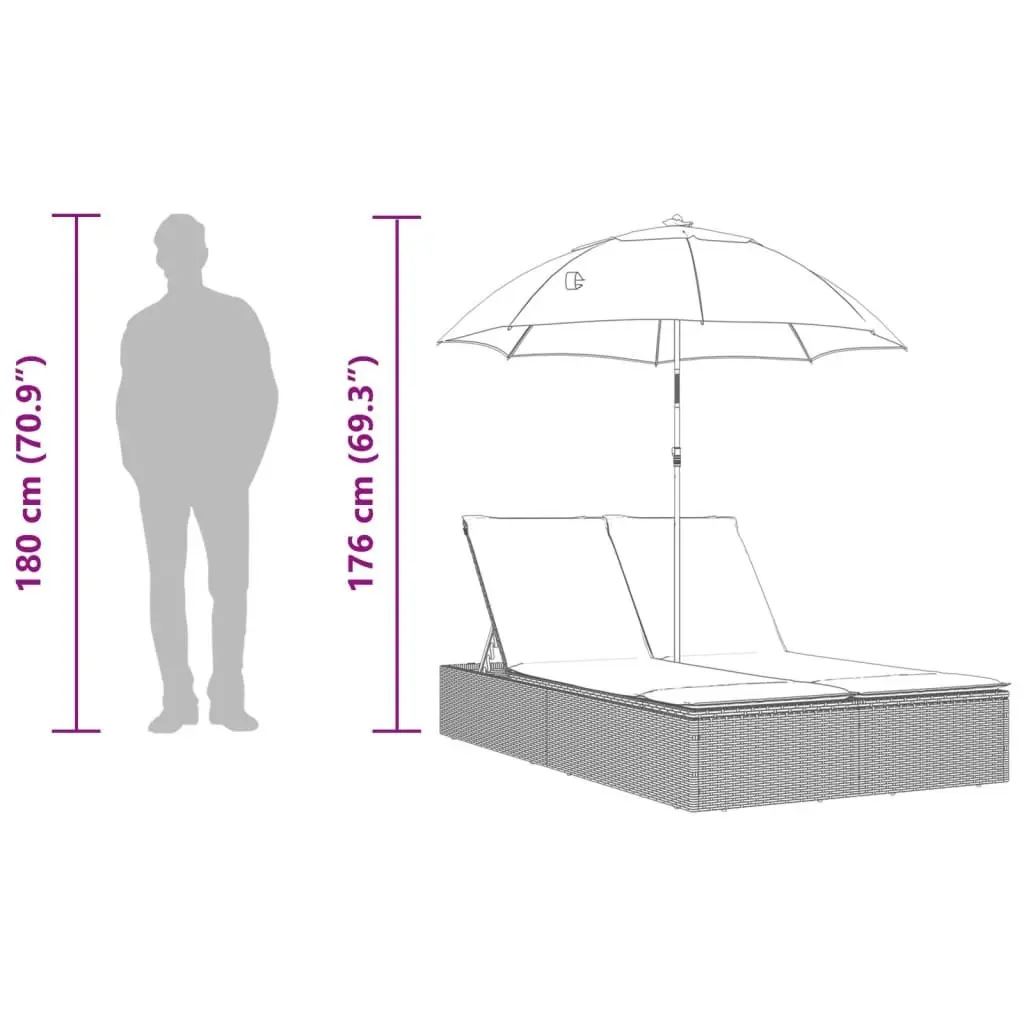 Double Sun Lounger Outdoor Garden Furniture with Cushions Parasol Grey Rattan