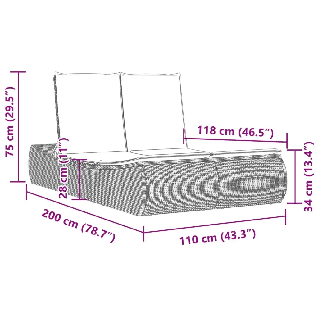 Double Sun Lounger with Adjustable Backrest and Cushions