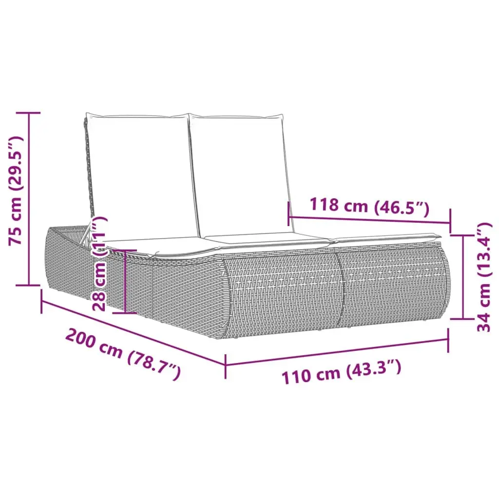 Double Sun Lounger Outdoor Use Grey Poly Rattan Adjustable Backrest