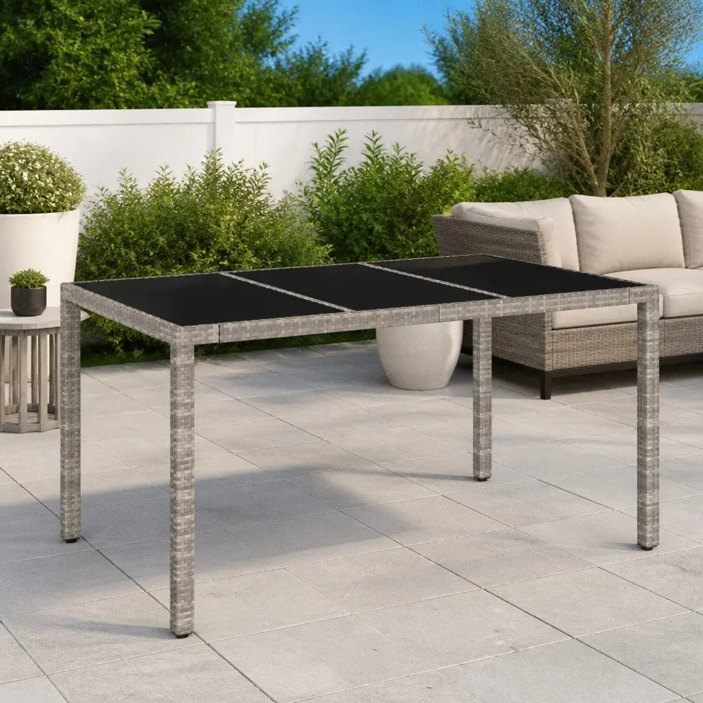 Garden Table for Outdoor Patio 150 x 90 x 75 cm Grey Tempered Glass Top Poly Rattan Frame