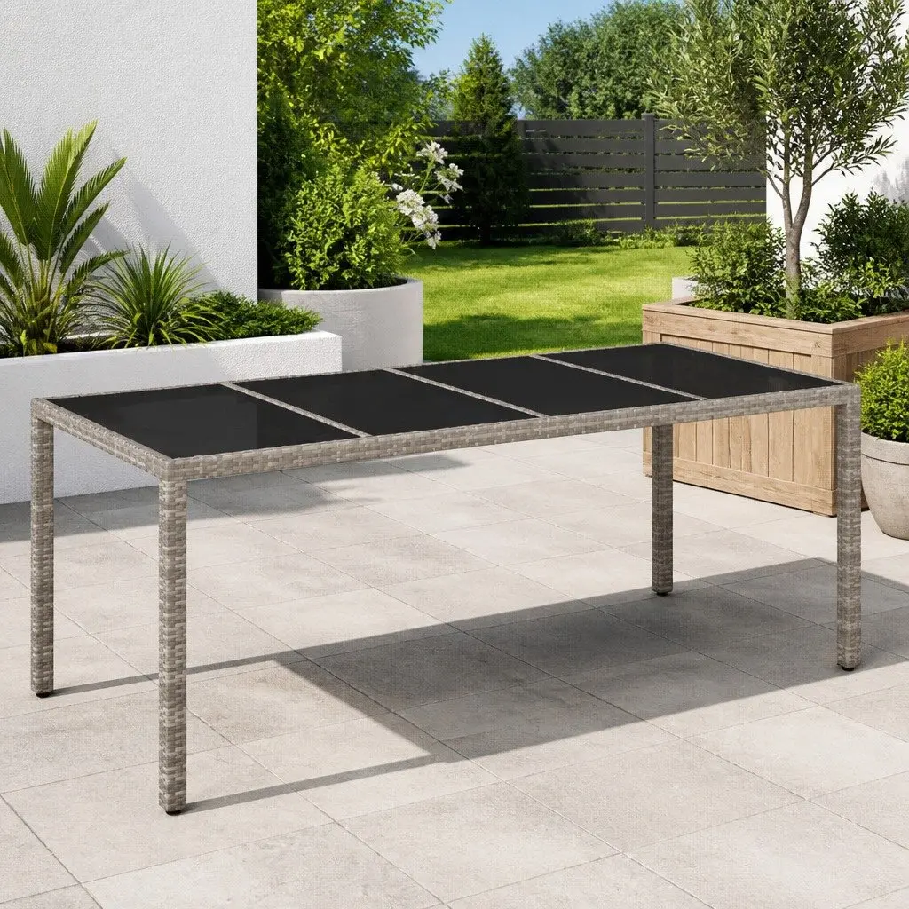 Garden Dining Table Outdoor Use Grey Poly Rattan Glass Top 190x90x75cm
